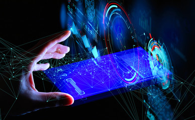 Fototapeta premium Businesswoman Hand touching UI for Unlocking with face identification. Facial recognition concept.