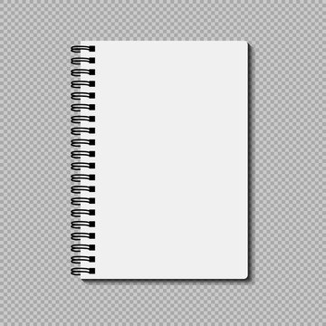 Realistic notebook on transparent background. Art design clean spiral notepad blank mockup template