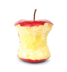 Half eaten red apple on white background
