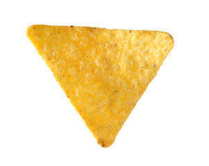 Tasty Mexican nacho chip on white background