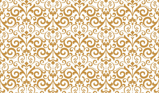 Wallpaper in the style of Baroque. Seamless vector background. White and gold floral ornament. Graphic pattern for fabric, wallpaper, packaging. Ornate Damask flower ornament