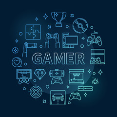 Gamer vector round concept blue thin line illustration on dark background