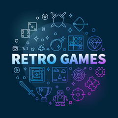 Retro Games vector concept round colored thin line illustration on dark background