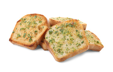 Slices of toasted bread with garlic and herbs on white background