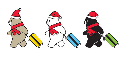 Fototapeta na wymiar Bear vector polar bear Christmas Santa Claus hat travel bag traveller air port cartoon character icon logo isolated illustration design