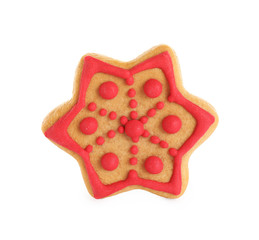 Tasty homemade Christmas cookie on white background
