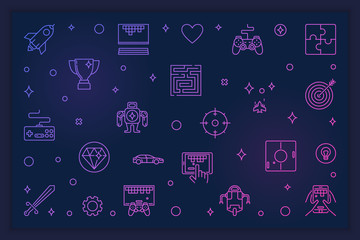 Video Games concept outline colored illustration - vector Gamer banner on dark background