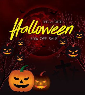 Halloween night background with pumpkin, blood moon. Flyer or invitation template for Halloween sale promotion banner.