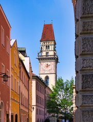 View of the tower of the town hall in Passau, Bavaria, Germany