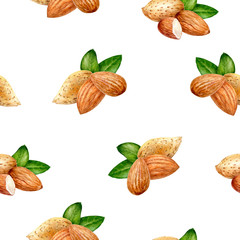 Almond hand drawn watercolor illustration. Seamless pattern.