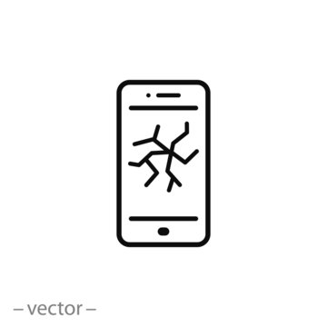 broken phone icon, crack screen smartphone, damage glass mobile, thin line web symbols on white background - editable stroke vector illustration eps10