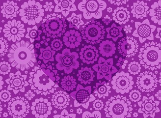 Heart, card, floral background, color, purple, vector. Purple heart on a flower field. Vector picture.  