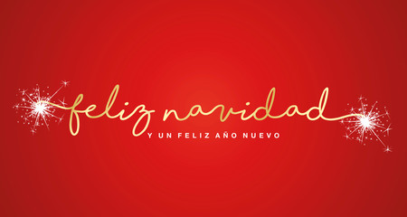 Fototapeta na wymiar Merry Christmas and Happy New Year 2020 Spanish language handwritten lettering tipography sparkle firework white red background