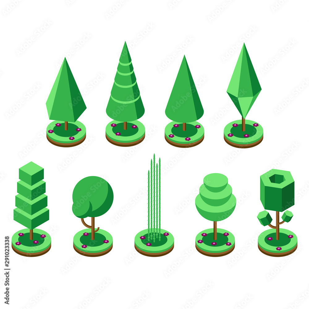 Poster Isometric green trees in abstract style on white background. Vector template green trees. Flat isometric colorful natural vector illustration. Isolated drawing. Natural outdoor illustration.