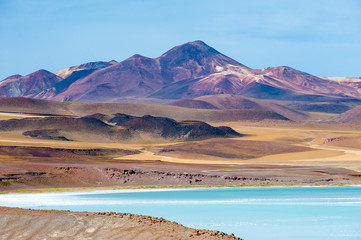 Pideras Rojas (Red Rocks) Atacama Desert. Salt lagunas and volcanos and red rocks southern from San...