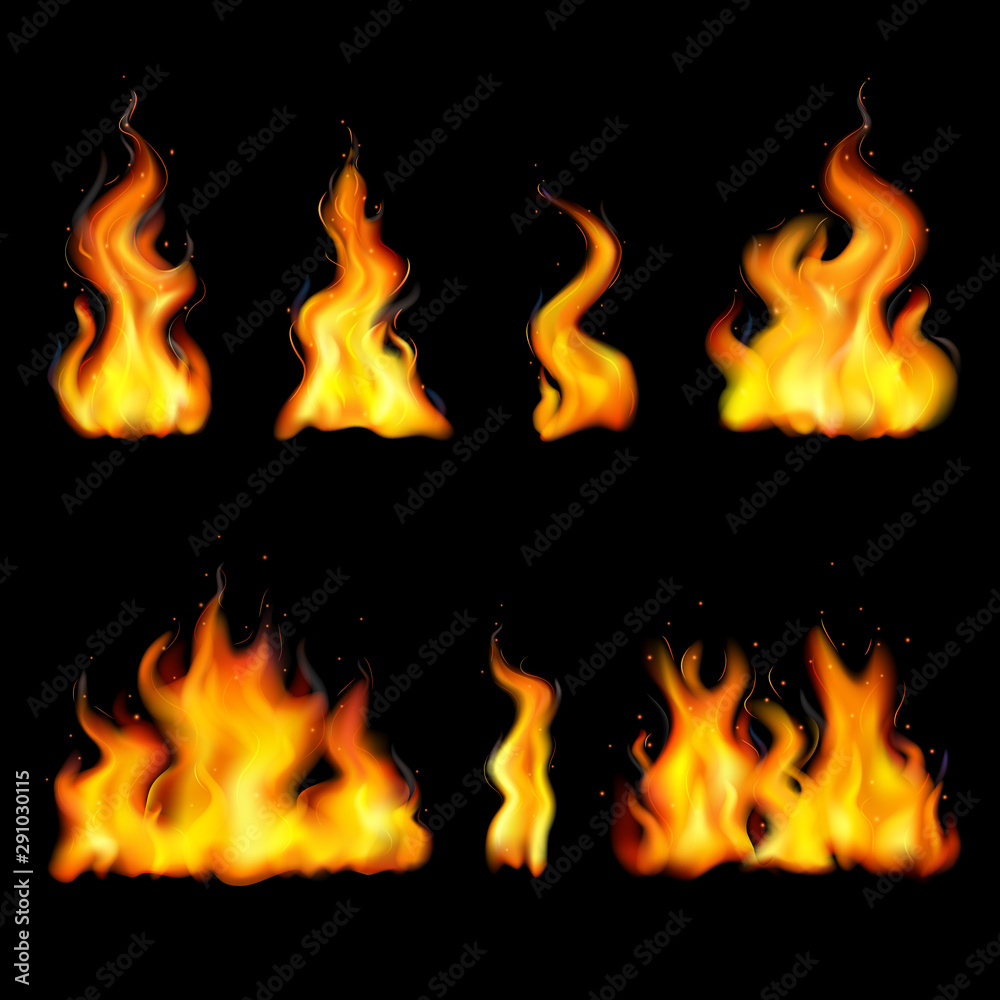 Sticker realistic fire flame icon set