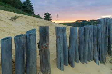 Sunset at the Mechelse Heide (English Mechelse meadow) with a scenic view of being on the beach with sand and wooden poles