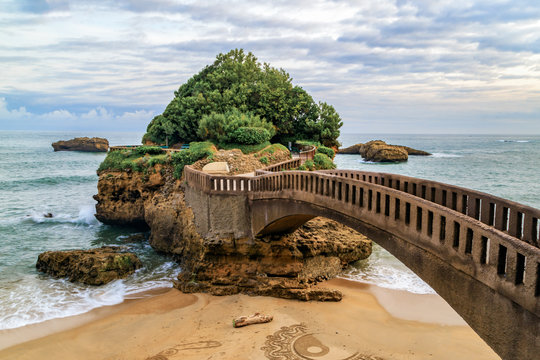 Stone bridge to the Rocher du Basta,  the scenic rock and major landmark in the coast of Biarritz, France