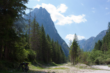 Fototapeta na wymiar Dolomites Italien Mountaun and green forest and blue sky 