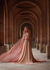 A luxurious lady in a long pink dress in a road coat with a hood is walking along the old castle...