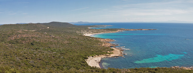 Fototapeta na wymiar Coastal panoramic landscape, Roccapina, Corsica island, France.