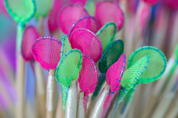 Close up colorful aquarium fish net scoop in circle shape.Blurred fish nets.
