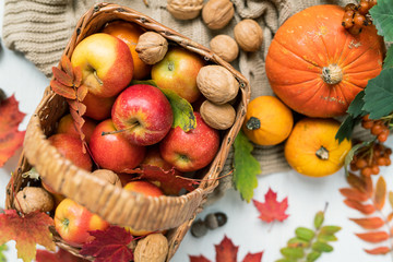 Overview of basket with red ripe apples, walnuts, pumpkins and autumn leaves