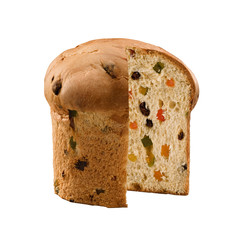 Panettone, an Italian type of sweet bread loaf, with candied fruits and raisins, usually prepared and enjoyed for Christmas and New Year. On a white background ready to be used