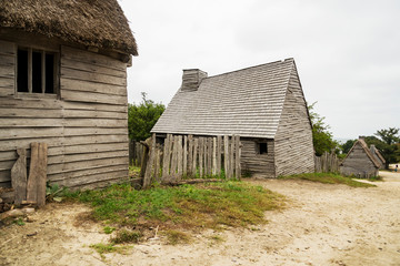 Old buildings in Plimoth plantation at Plymouth, MA