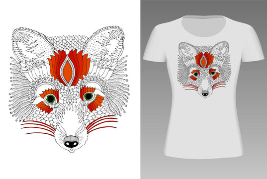Red fox. Hand drawn illustration. Sketch in style antistresss coloring page. It may be used for design of a t-shirt, bag, postcard or poster.
