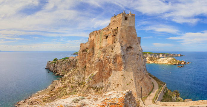 The archipelago of Tremiti Island: view of San Domino island from the nearby San Nicola island, with the Abbey of Santa Maria a Mare fortified complex, (Apulia, Italy).