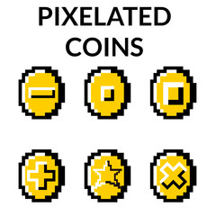 Obraz premium Six different kind of pixelated coins for videogames and illustrations.