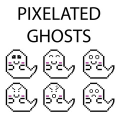 Obraz premium Illustration of six pixelated ghosts with different emotions for videogames and illustrations.