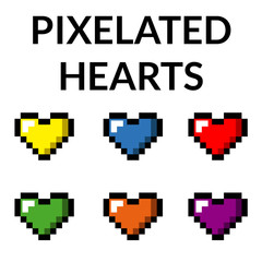 Six pixelated hearts, with different colors, and for videogames and illustrations.