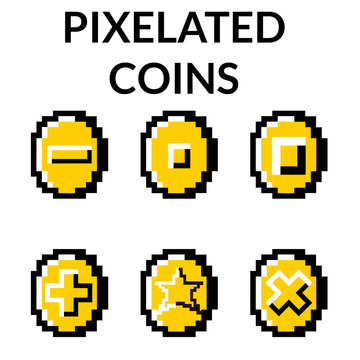 Six different kind of pixelated coins for videogames and illustrations.
