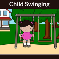 Girl happily swinging in a park with trees, a house and in a sunny day.