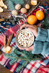 Overview of female hands holding mug of hot drink with marshmallows