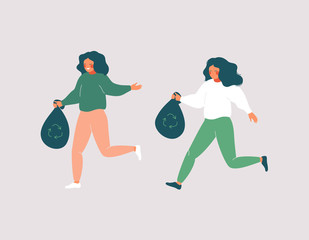 Cheerful women picking up trash while walking or Jogging. Girls running and holding garbage bags. Eco Vector illustration