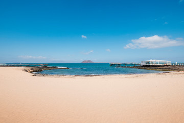 Landscape of paradisiacal beach, Las Agujas in Corralejo