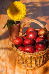 Red apples in wicker basket on wooden table background. Apple Day. Eco-friendly products and healthy food concept. Vitamin food. Fruit harvest. Autumn still life
