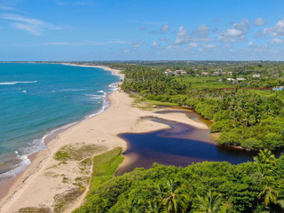 Aerial view of river merging to tropical ocean