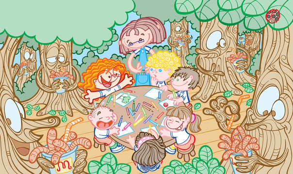 Menina contando aos colegas como as &aacute;rvores se alimentam, no meio de uma aula de desenho