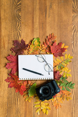 Top view of photocamera, copybook with pen and eyeglasses surrounded by leaves