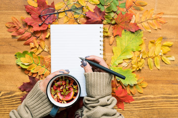Overview of student hands holding hot herbal tea and pen over open copybook