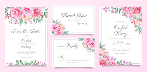 Greenery wedding invitation card template set of floral arrangements border. Elegant garden flowers decoration save the date, invitation, greeting, respond , thank you cards vector