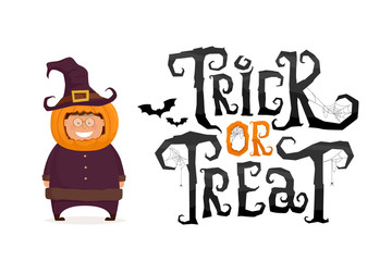 Trick or Treat text with kid in pumpkin Halloween costume. Vector illustration.