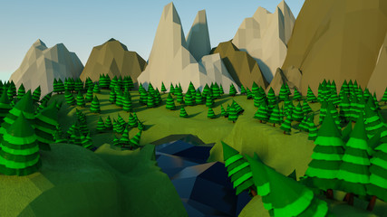 low poly landscape with stylized fir trees and rocks. 3d rendering illustration