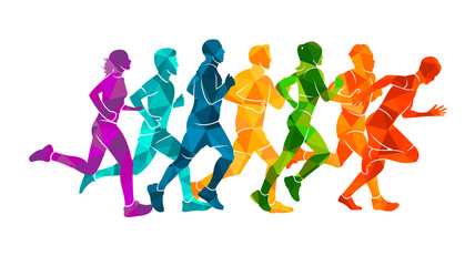 Naklejka na ściany i meble Running marathon, people run, colorful poster. Vector illustration background silhouette sport