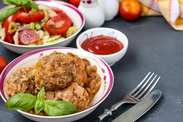 Meatballs in sour cream and tomatoes sauce in bowls against a dark background, horizontal orientation