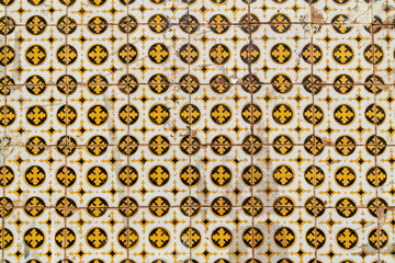 Detail of traditional portuguese tiles of badly preserved 19th century house in the historic center...